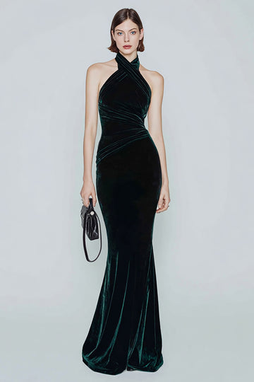 Dark Green Halter Velvet Mermaid Long Formal Dress